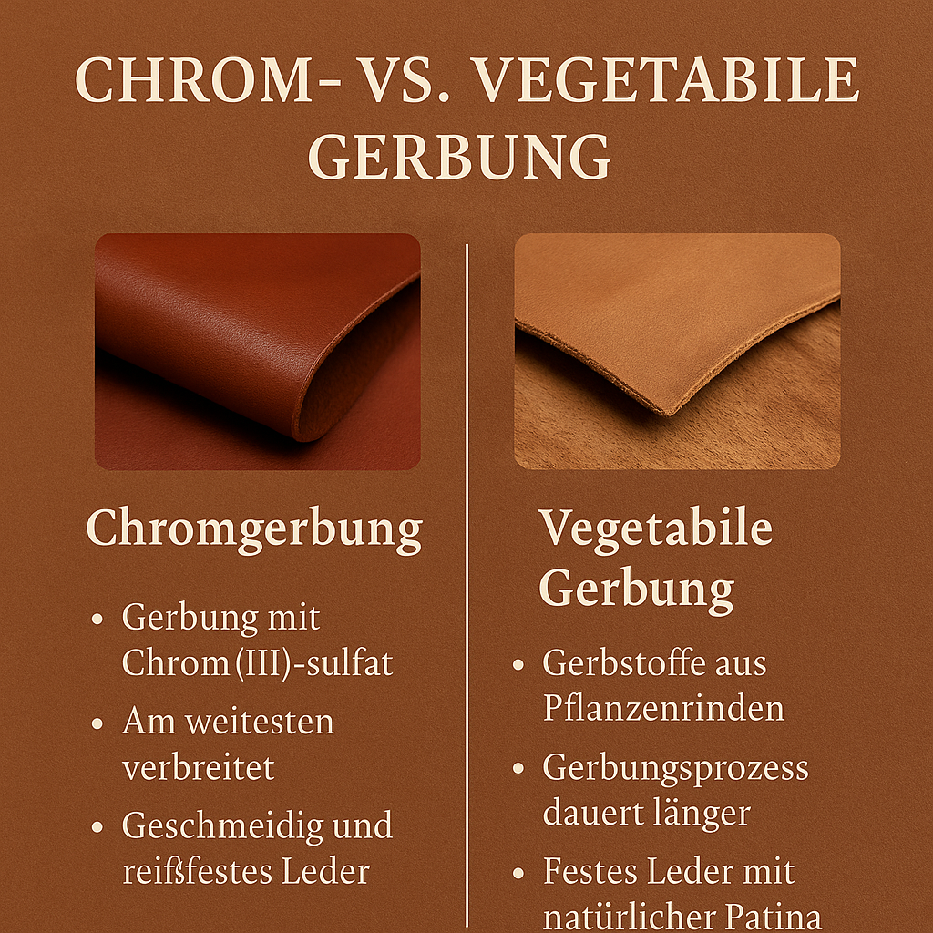 Vergleich zwischen Chromgerbung und vegetabiler Gerbung bei Leder – Eigenschaften, Verfahren und Unterschiede im Überblick.