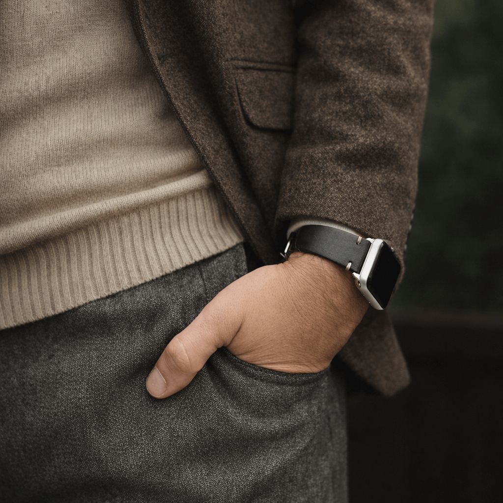 Hunter Apple Watch Armband Leder Schwarz am Handgelenk eines Mannes mit eleganter Kleidung