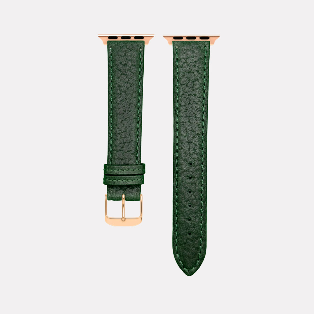 Apple Watch Stierlederarmband Torro Dunkelgrün aus spanischem Leder, handgearbeitet in Deutschland, zeigt rustikale Eleganz und Komfort.