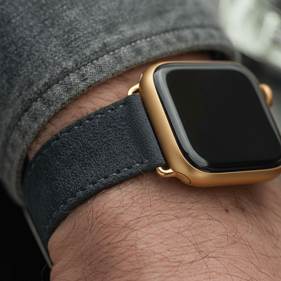 Alcantara – Apple Watch Armband in Dunkelgrau an einem Handgelenk, elegant und stilvoll.