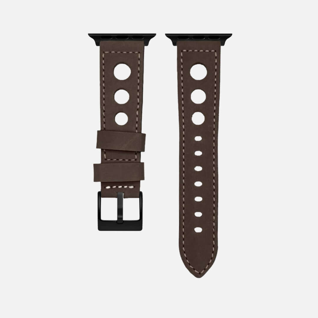 Dunkelbraunes Rallye Apple Watch Lederarmband im Panerai-Stil mit markanten Lochungen, handgefertigt in Deutschland aus feinstem Kalbleder.
