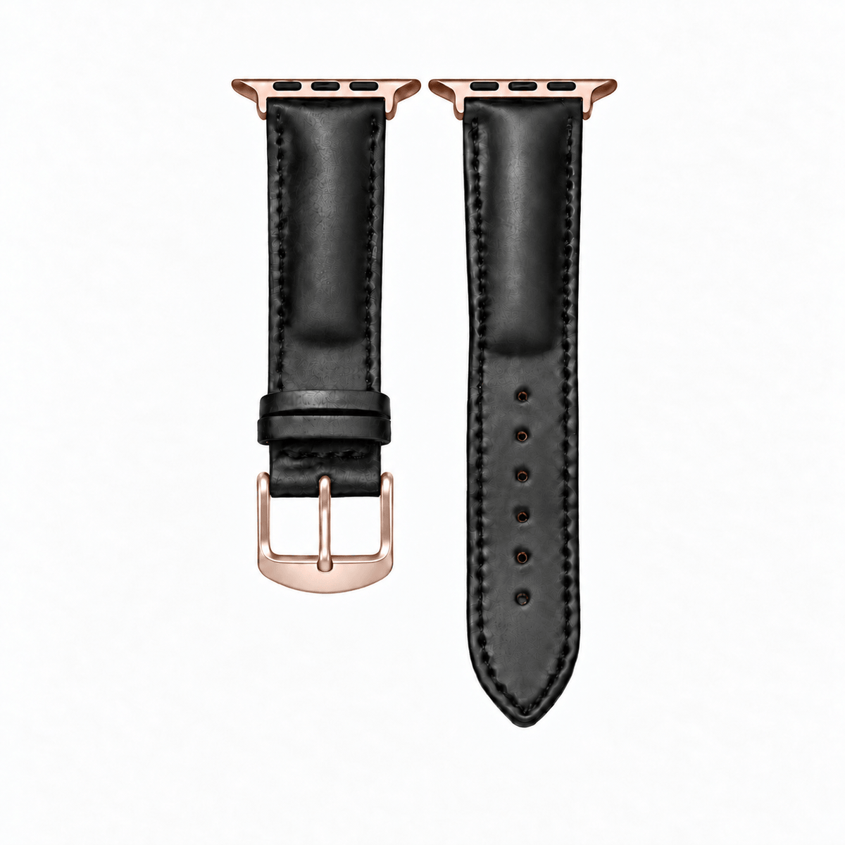 Apple Watch Armband Luxus aus Horween Shell Cordovan in Schwarz mit Rosegold Hardware.