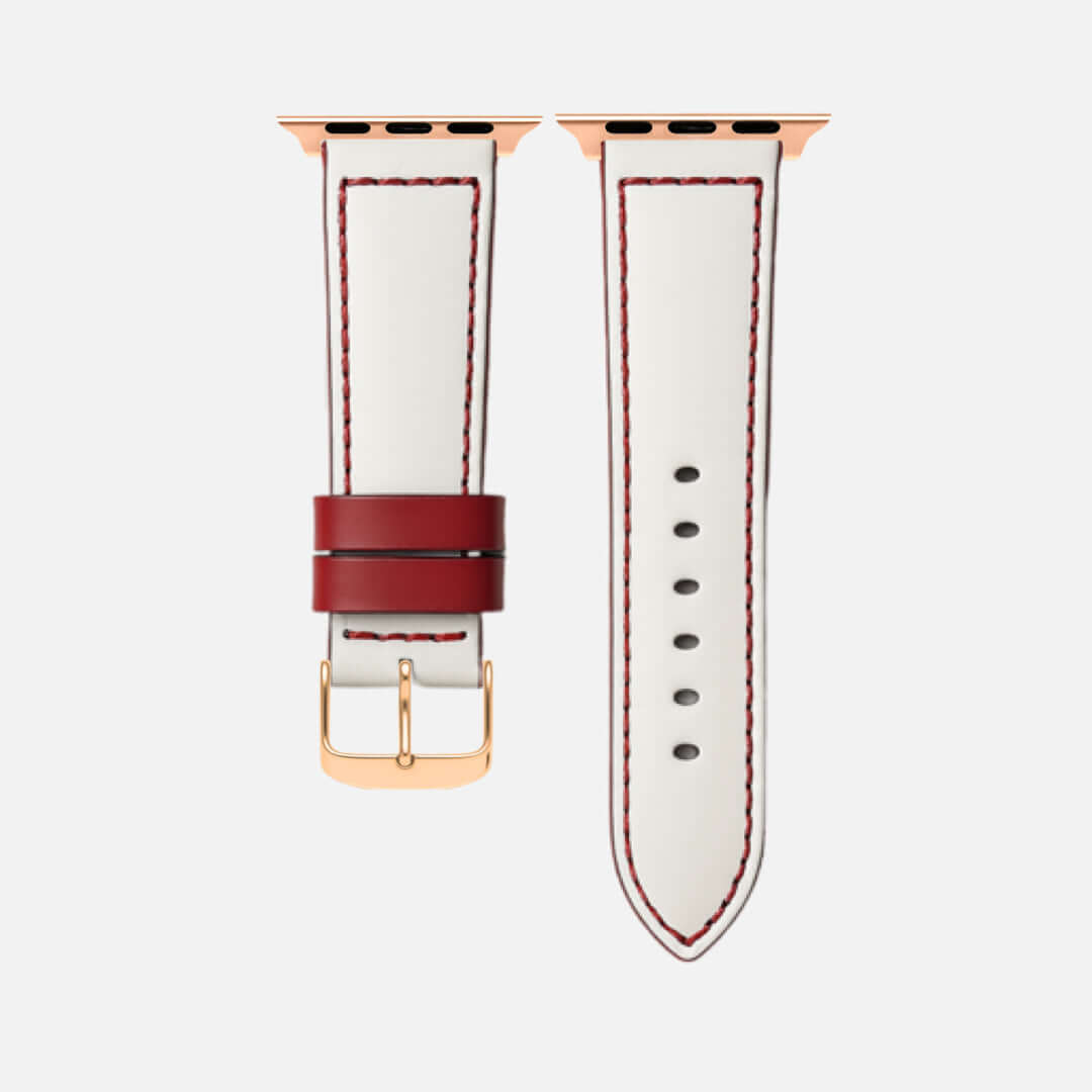 Das Sandlot – Weißes Baseball-Leder Apple Watch Band mit roter Naht und Schnalle aus Kalbleder, inspiriert von echtem Baseballlederhandwerk.