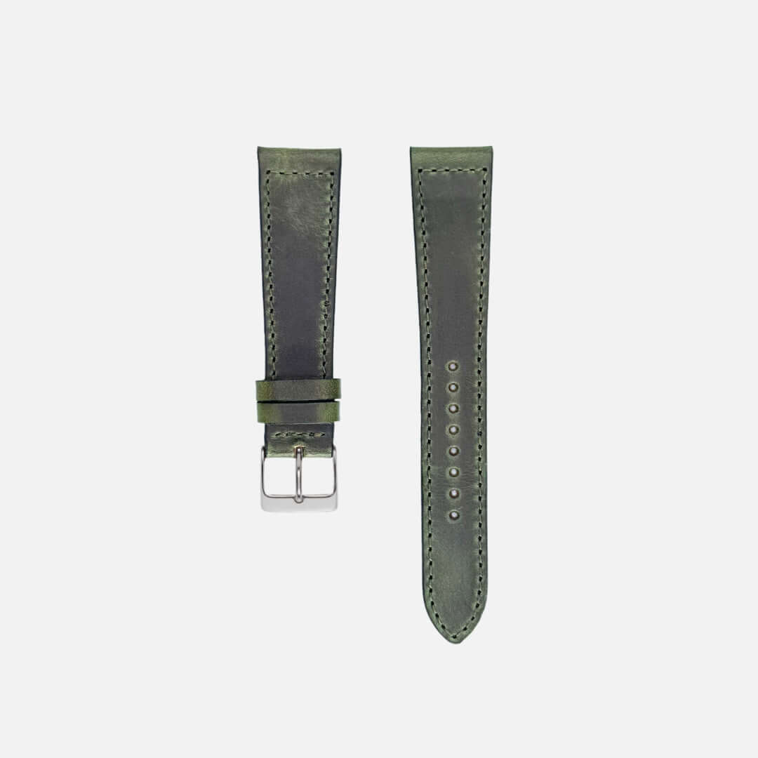 Grünes Horween Chrom Excel Leder Uhrenarmband, luxuriöses handgefertigtes Design mit edler Patinaentwicklung, perfekte Details ansehen