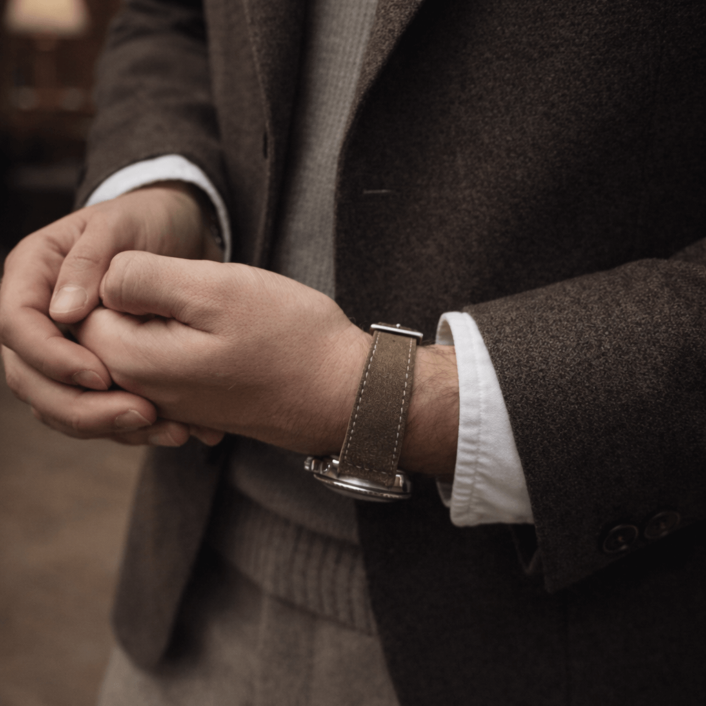 Mann trägt Alpen – Lederhosenband aus altsämisch gegerbtem Hirschleder, elegantes bayerisches Armband mit Kulturerbe.