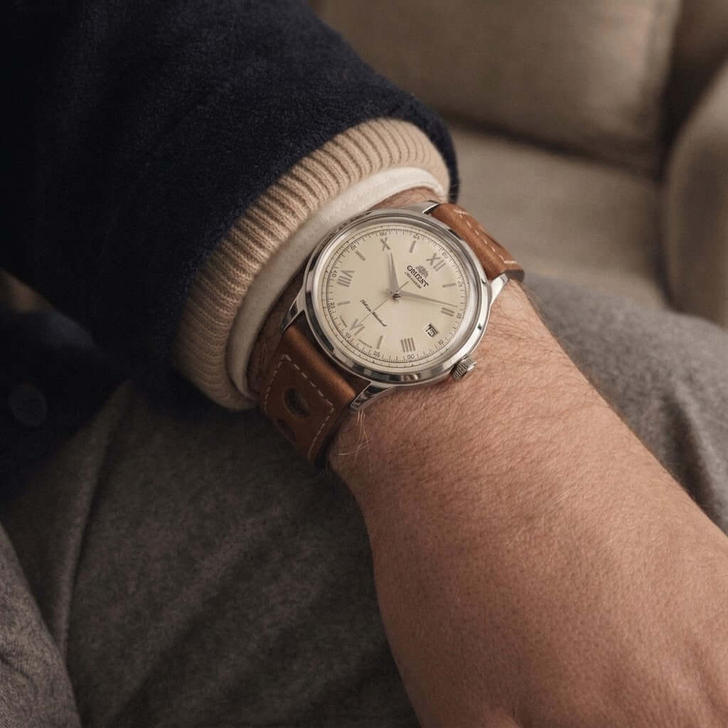 Saddle Racing – Lederarmband mit großen Racing Löchern am Handgelenk mit Uhr in klassischem Vintage-Design.