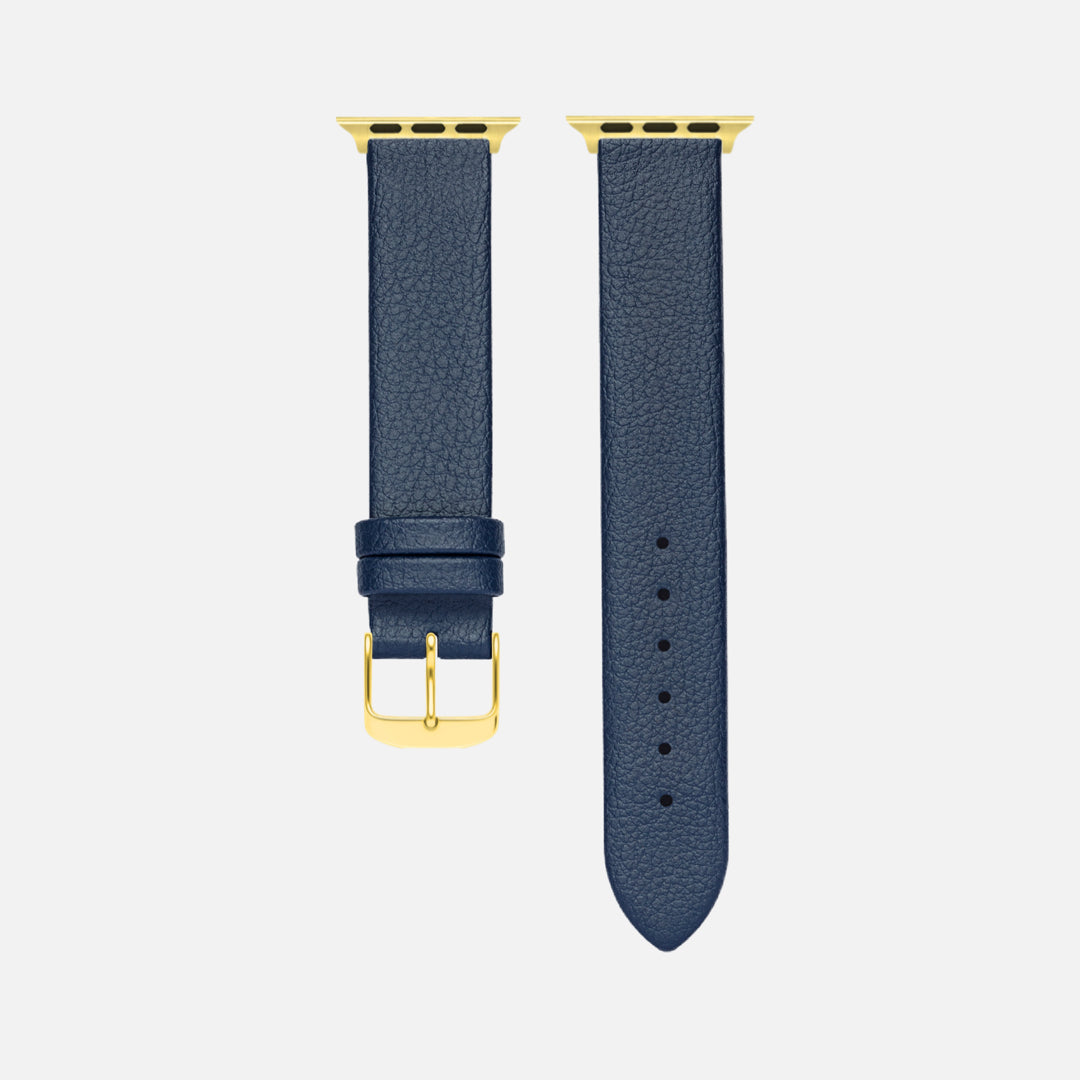Apple Watch Lederarmband Vegan aus Weinleder – Blau in Nahaufnahme, zeigt elegantes, tierfreies Design und hochwertige Verarbeitung.