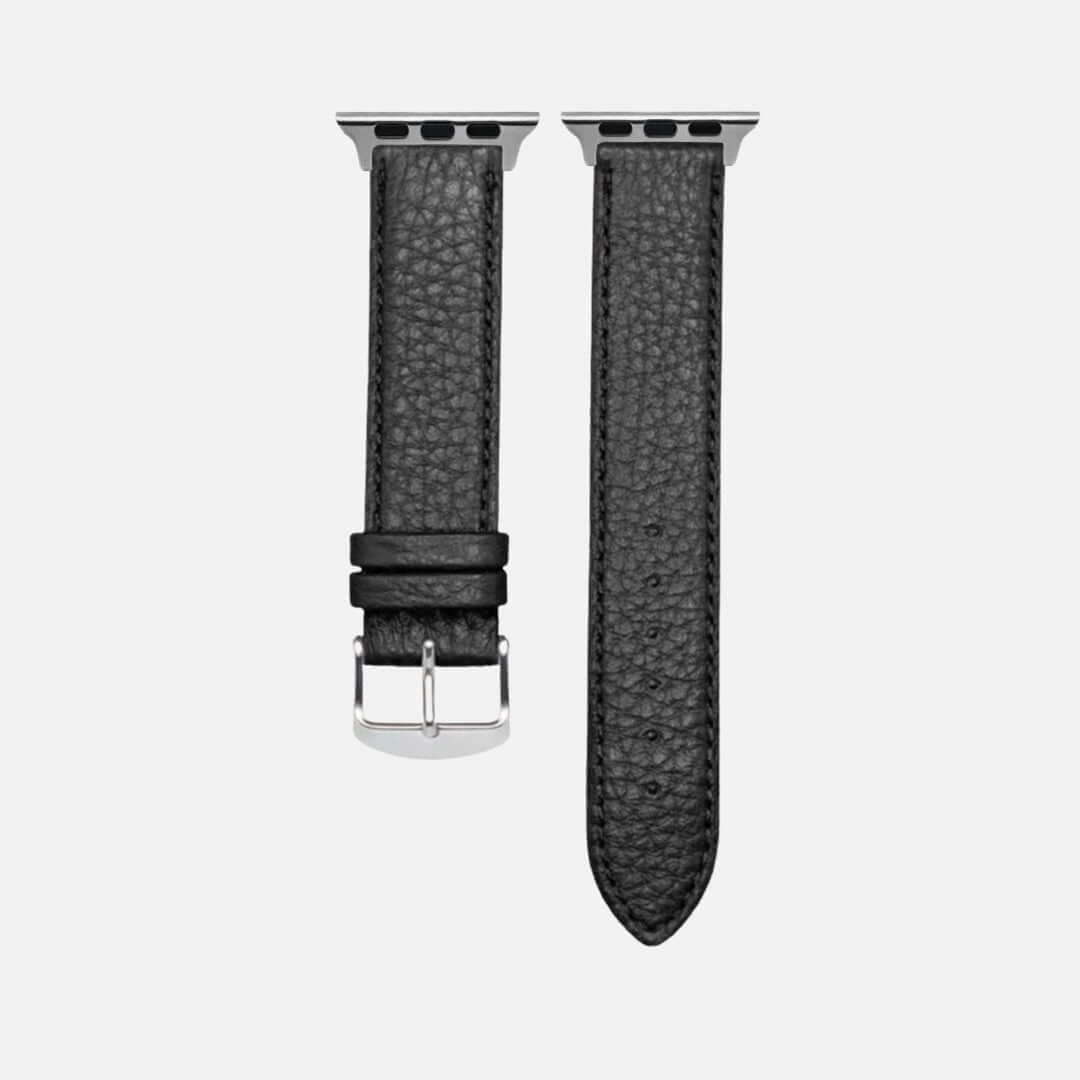 Handcrafted Apple Watch strap in Italian deer leather, black color, luxury quality with exceptional softness and durability.