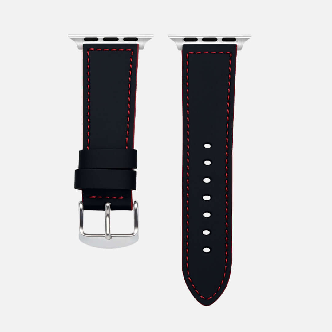 Das Apex – Apple Watch Armband aus schwarzem Motorsport-Kalbleder, inspiriert vom Porsche 911 GT3 RS, mit roten Nähten.