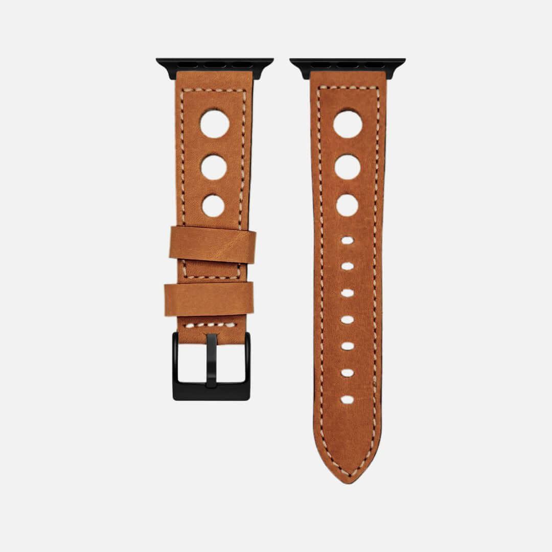 Cognac Rallye Apple Watch Lederarmband im Panerai-Stil - handgefertigtes Lederarmband mit markanten Lochungen und maskulinem Design