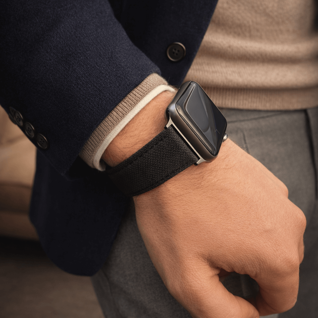 Schwarzes Canvas Apple Watch Band Baumwolle im Alltag und Business-Look, 22 mm Breite, wasserabweisend und angenehm zu tragen.