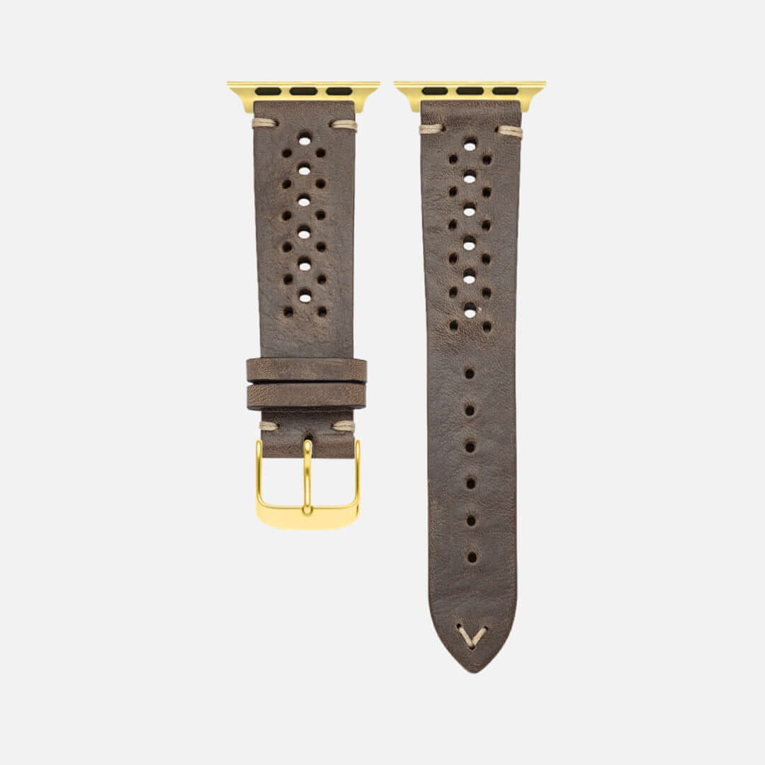 Rallye Lederband für Apple Watch – Olivgrün, handgefertigt aus toskanischem Rindleder, sportliches Design mit goldener Dornschließe.