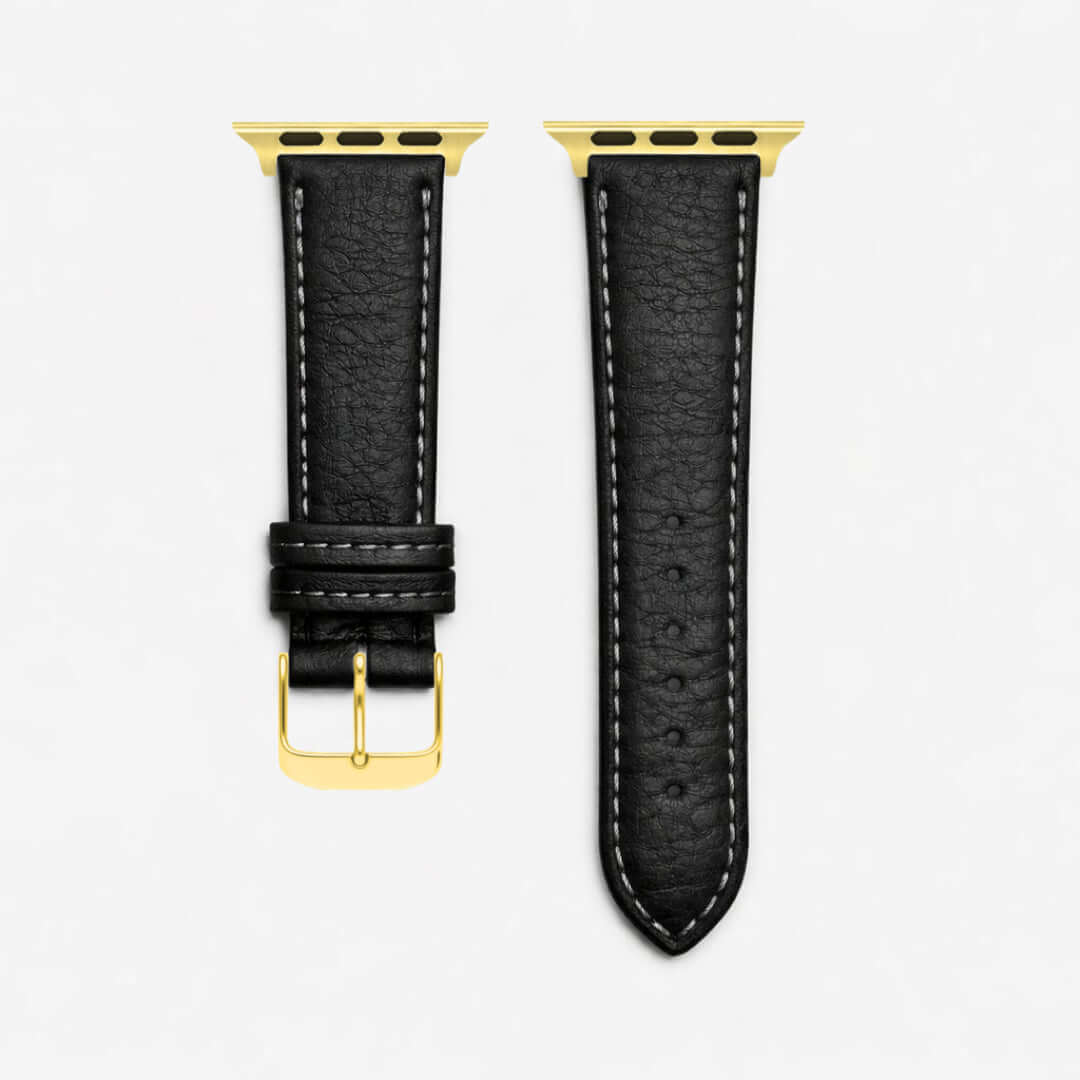 Apple Watch Stierlederarmband Torro Modern Schwarz aus spanischem Leder mit goldener Schnalle, handgearbeitet in Deutschland.