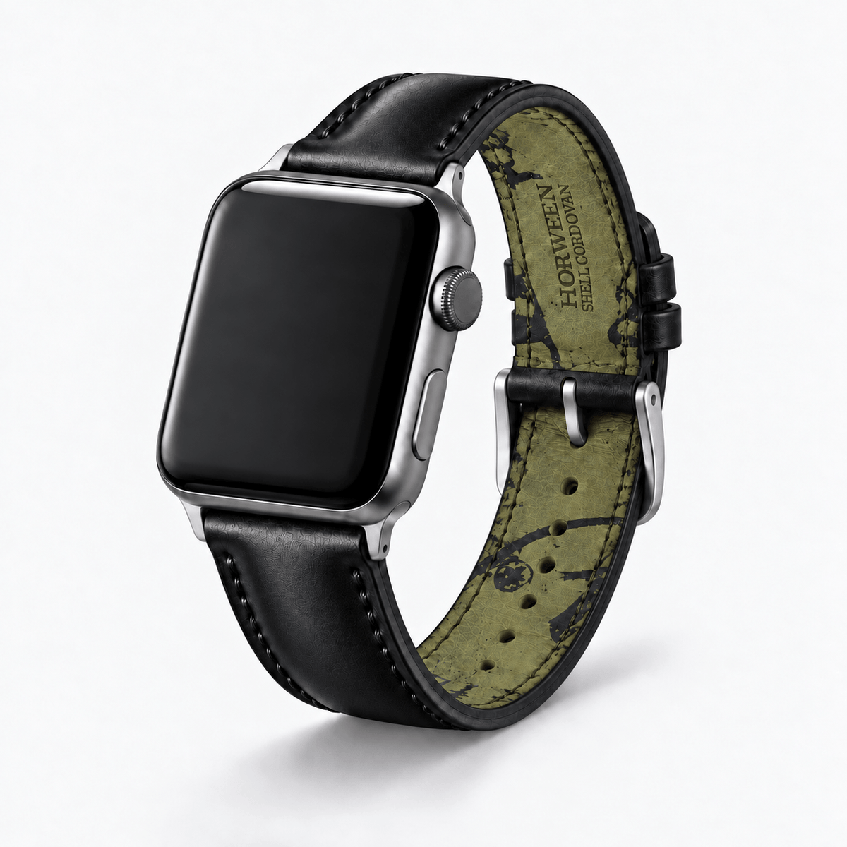 Apple Watch Armband Luxus aus Horween Shell Cordovan in Schwarz, elegantes Design aus hochwertigem Leder.