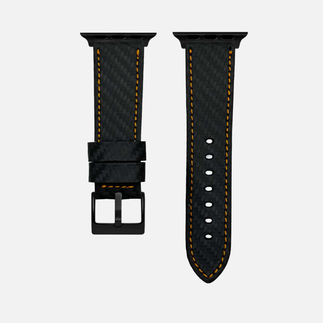 Bergwerk Carbon Orange – Apple Watch Band mit hochwertiger LederCarbon-Struktur, handgefertigt aus echtem Rindleder, schwarz mit orange.
