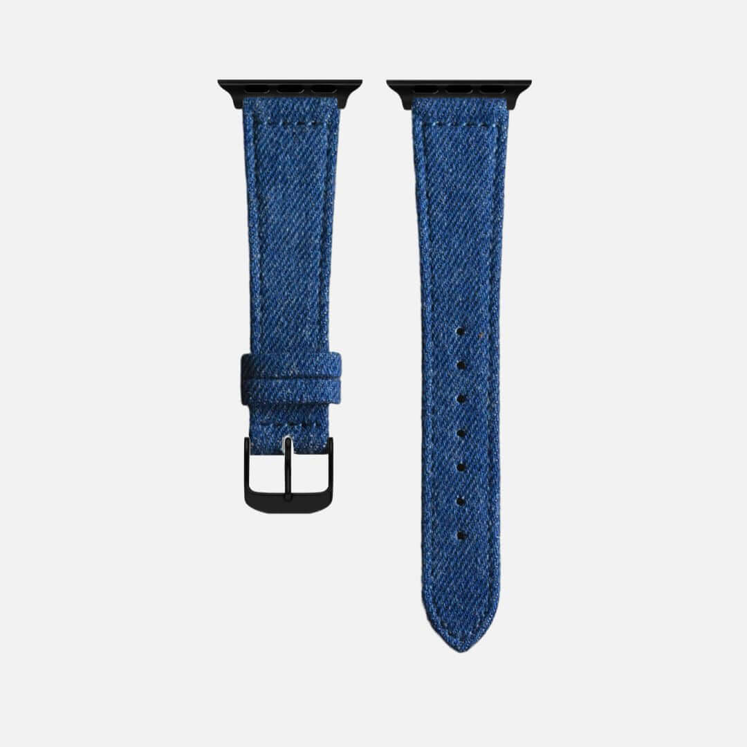 Dunkelblaues Apple Watch Armband Denim – Handgefertigt in Deutschland mit echtem japanischem Denim und wasserfestem Kalbleder.