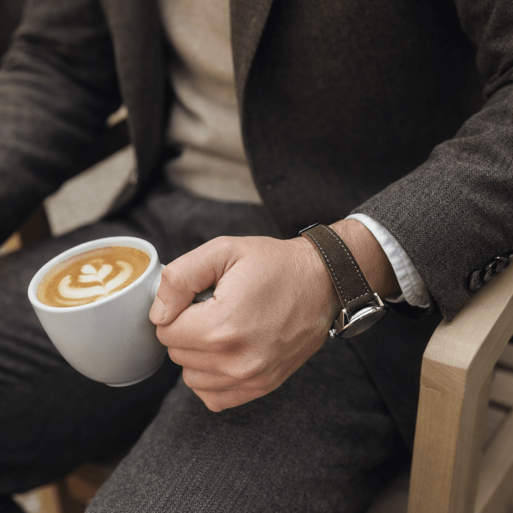 Alpen – Lederhosenband aus altsämisch gegerbtem Hirschleder am Handgelenk, während ein Mann Kaffee trinkt.
