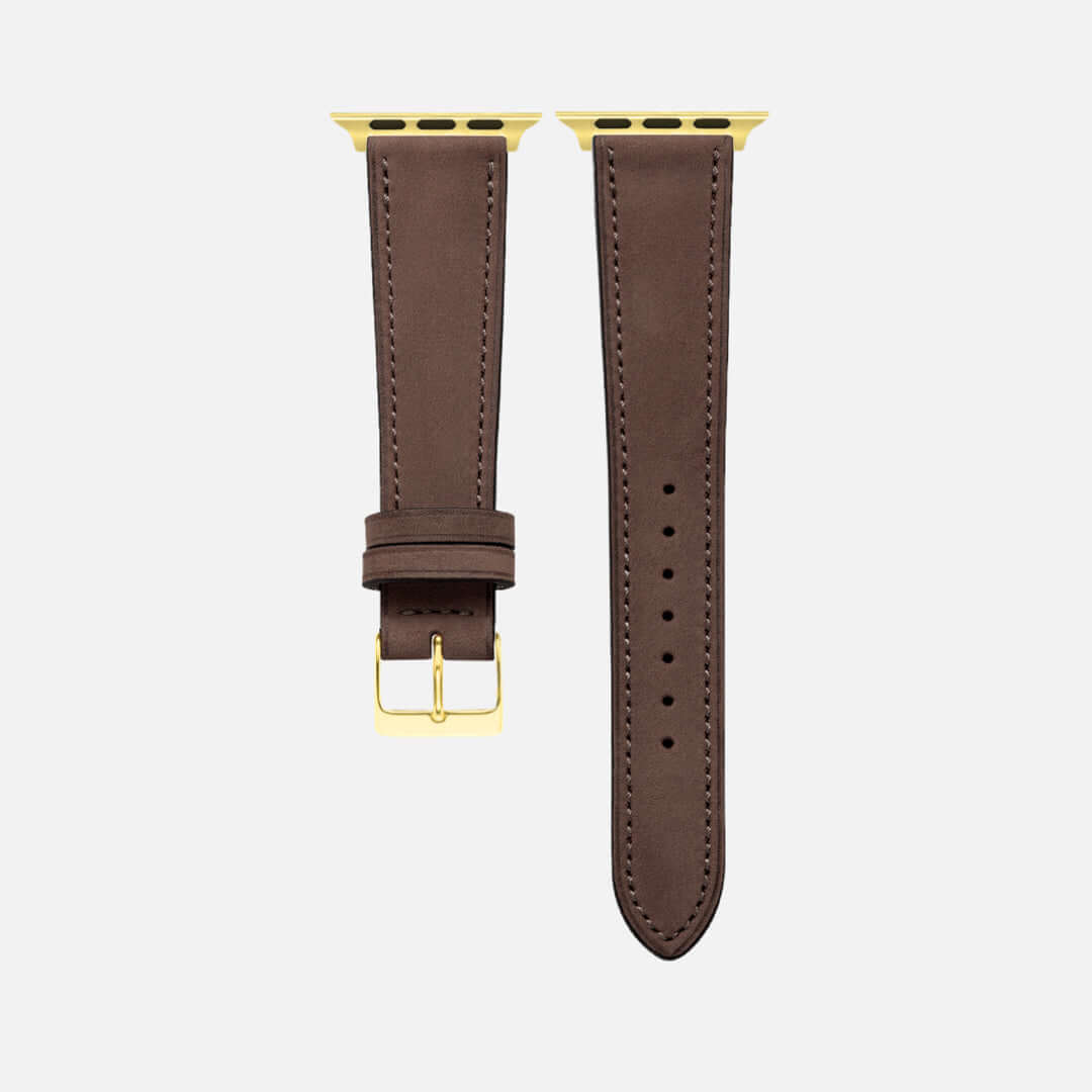 Mountain Apple Watch Lederarmband – Dunkelbraun, italienisches Nubukleder mit goldener Schnalle, elegantes Design für Alltag und Freizeit.