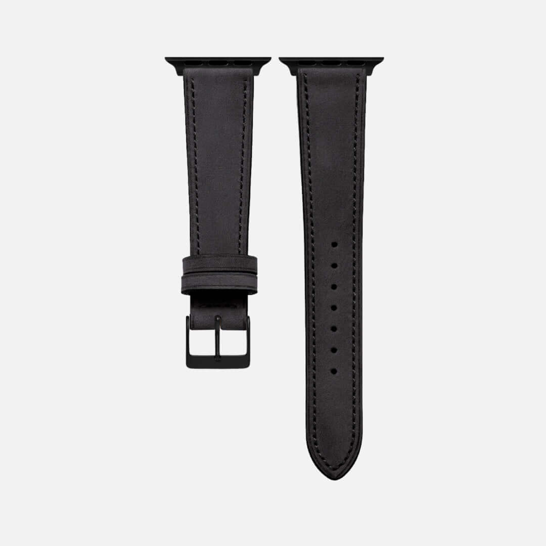 Schwarzes Mountain Apple Watch Lederarmband aus italienischem Nubukleder, minimalistisch, wasserabweisend und atmungsaktiv.