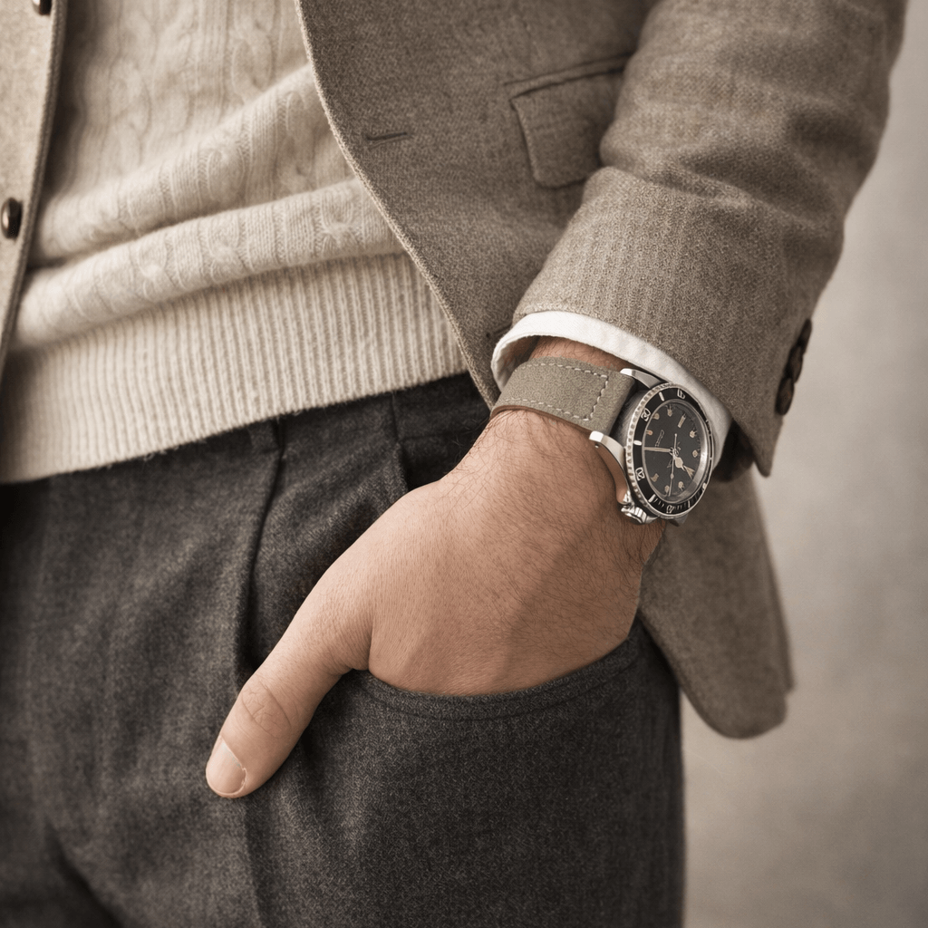 Stilvoller Mann in eleganter Kleidung mit Armbanduhr, Alpen – Lederhosenband aus altsämisch gegerbtem Hirschleder.
