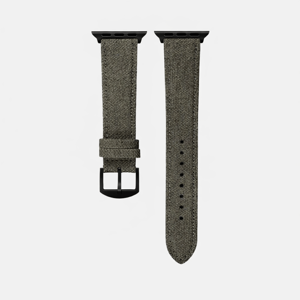 Graues Canvas Apple Watch Band Baumwolle, vegan und wasserabweisend, 22 mm breit, für Alltag und Business geeignet.