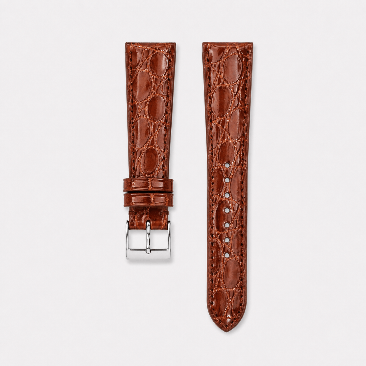 Shiny – Uhrenarmband aus glänzendem Kaimanleder in Cognacfarbe, M (118x 75mm) mit markanter Schuppenstruktur.