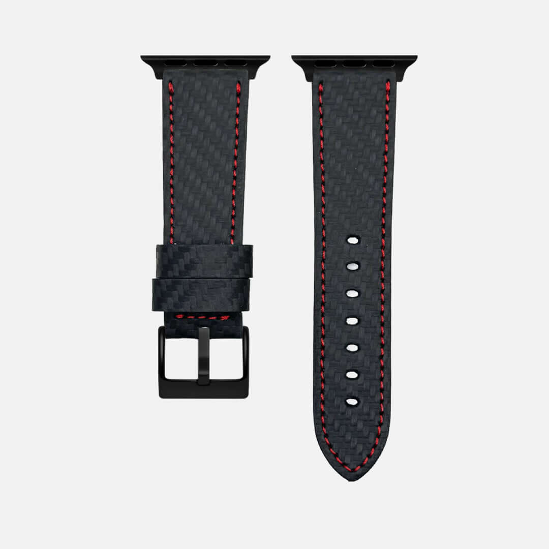 Bergwerk Carbon Rot – Apple Watch Band mit hochwertiger LederCarbon-Struktur, handgefertigt aus echtem Rindleder mit Carbon-Design.