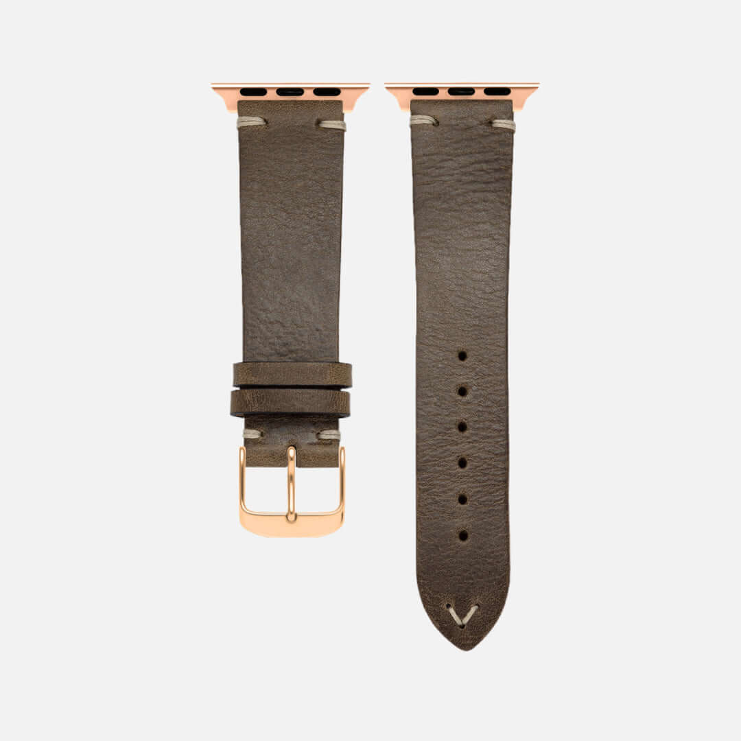 Das Hunter Apple Watch Armbandleder Olive, vegitabil gegerbtes Lederarmband in Oliv, ideal für stilvolle Smartwatch-Träger.
