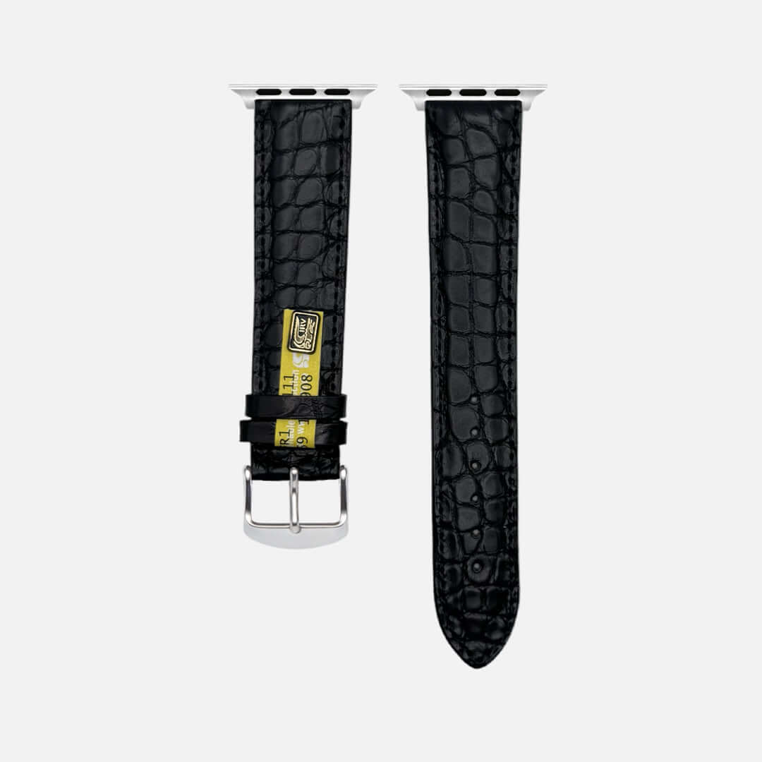 Schwarzes Apple Watch Armband Echt Alligator Extra Lang, luxuriöses Lederband mit eleganter Schuppenstruktur, nachhaltig produziert in Italien.