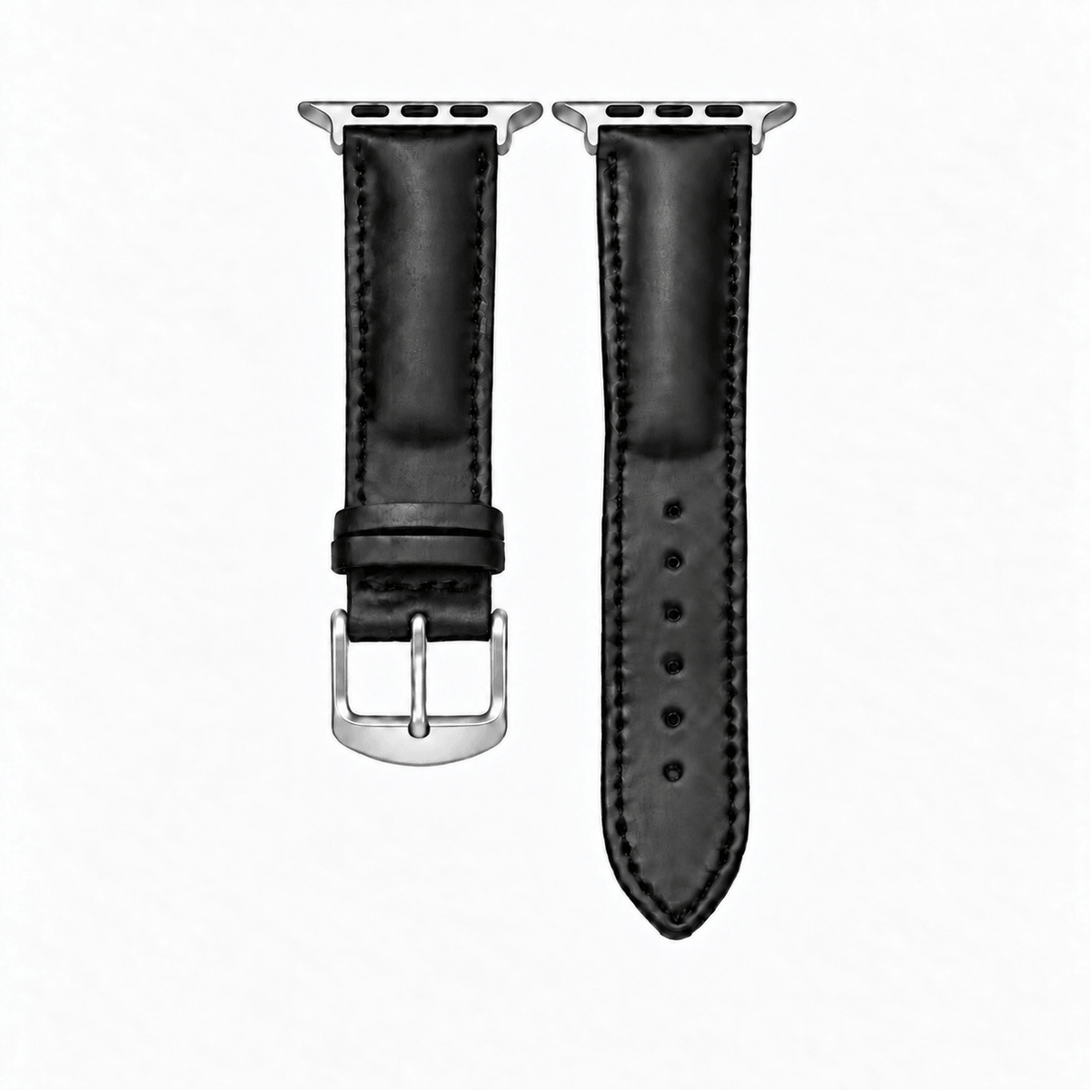 Apple Watch Armband Luxus aus Horween Shell Cordovan in Schwarz mit silberner Hardware und M/L Länge.