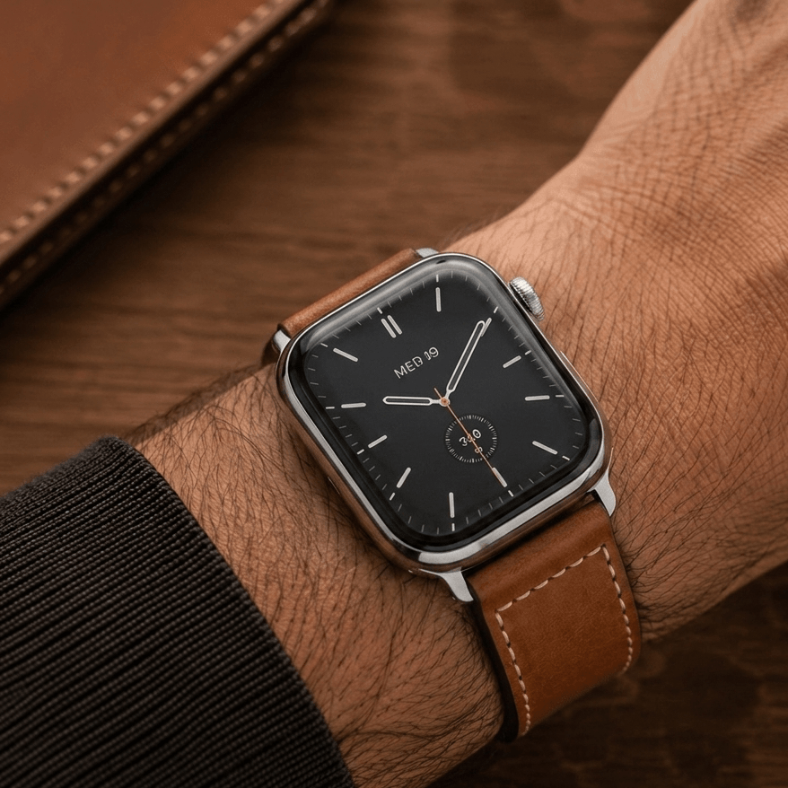 Saddle – Handgefertigtes Lederarmband passend für Apple Watch in Hellbraun an einer Handgelenk mit schwarzer Uhr.