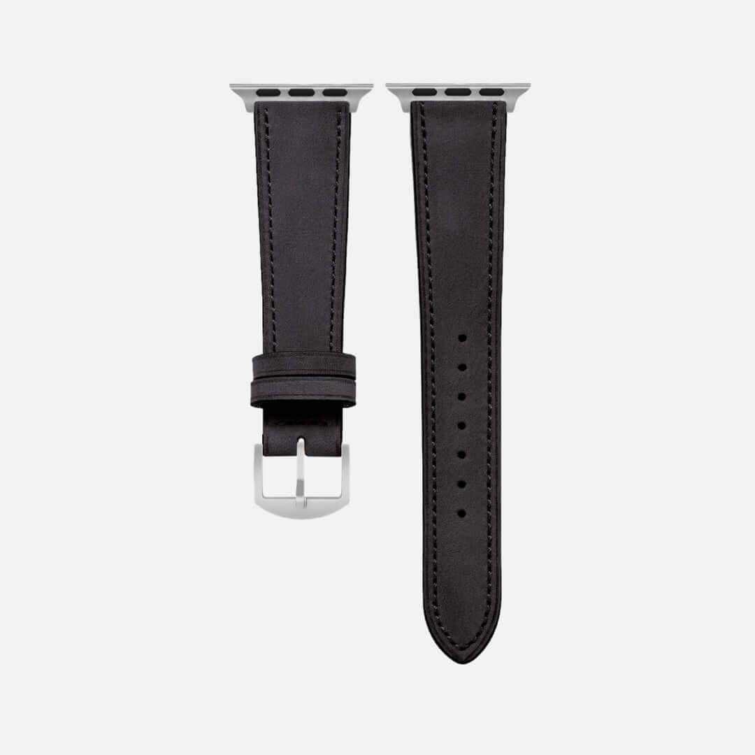 Mountain Apple Watch Lederarmband – Schwarz aus italienischem Nubukleder, wasserabweisend, elegant, funktional, atmungsaktiv, robust.