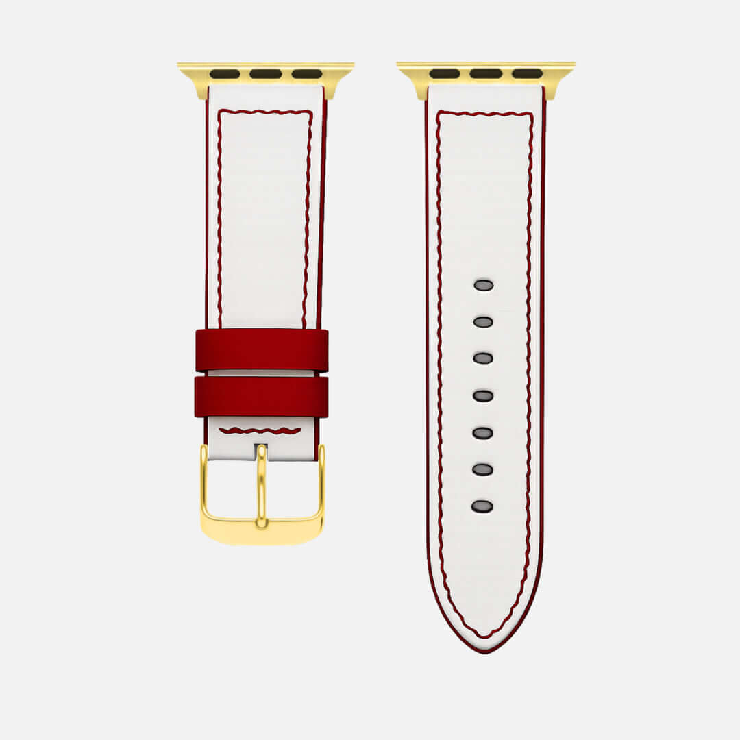 Das Sandlot – Weißes Baseball-Leder Apple Watch Band in Reißweiß mit roten Nähten und goldenen Details, inspiriert von Baseball.
