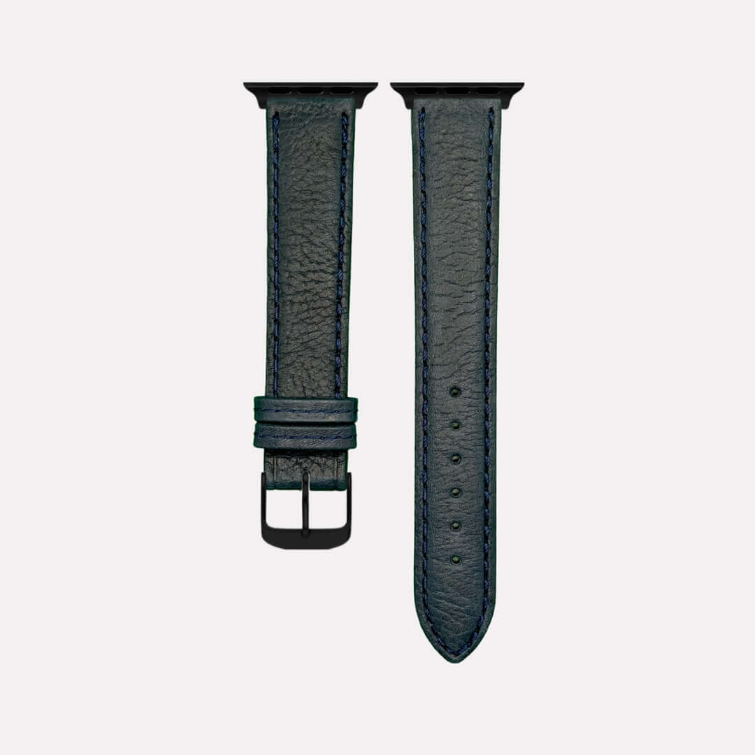 Apple Watch Stierlederarmband Torro Blau aus spanischem Stiernackenleder, handgefertigt in Deutschland, modernes Design, blaue Farbe.