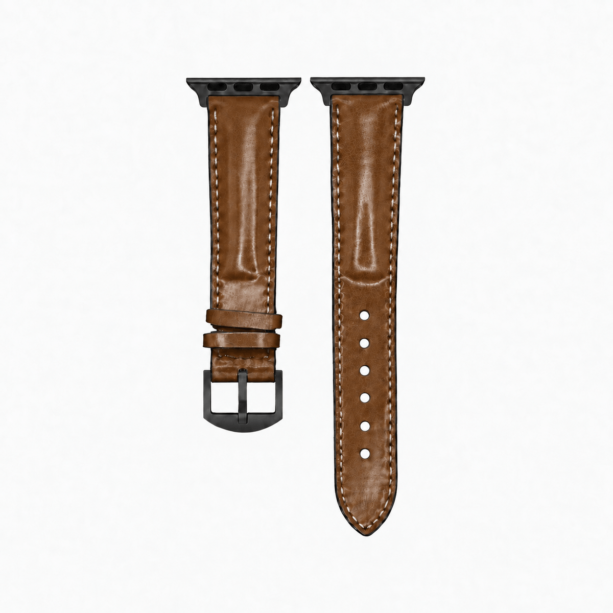 Apple Watch Armband Luxus aus Horween Shell Cordovan in Cognac, braun, mit schwarzer Hardware und hochwertigem Leder.