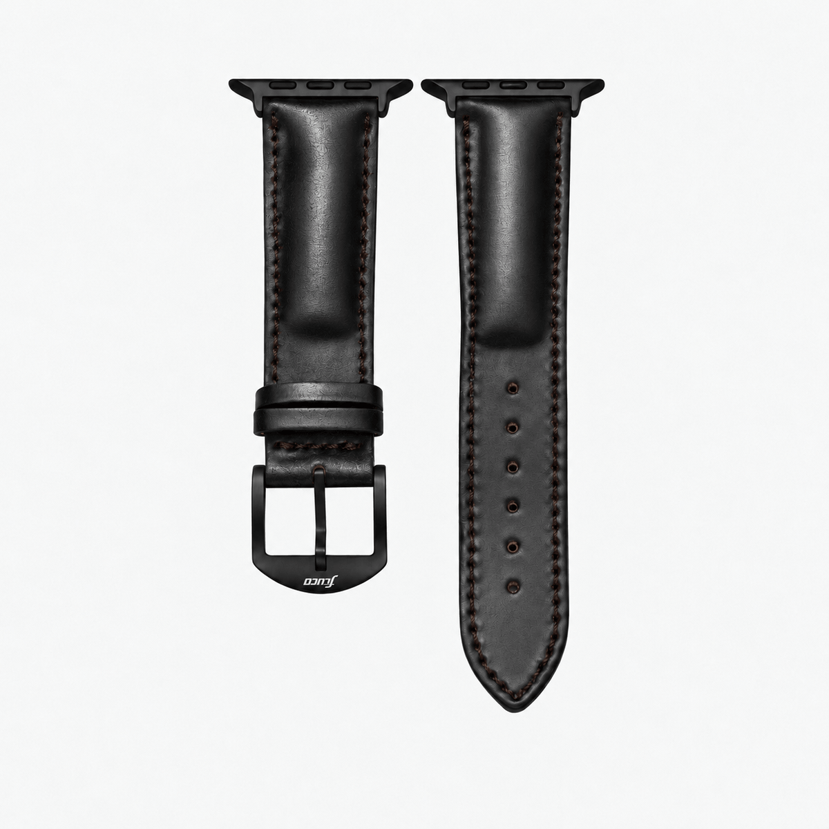 Apple Watch Armband Luxus aus Horween Shell Cordovan in Schwarz, M-L, schwarze Hardware, elegantes Lederdesign.