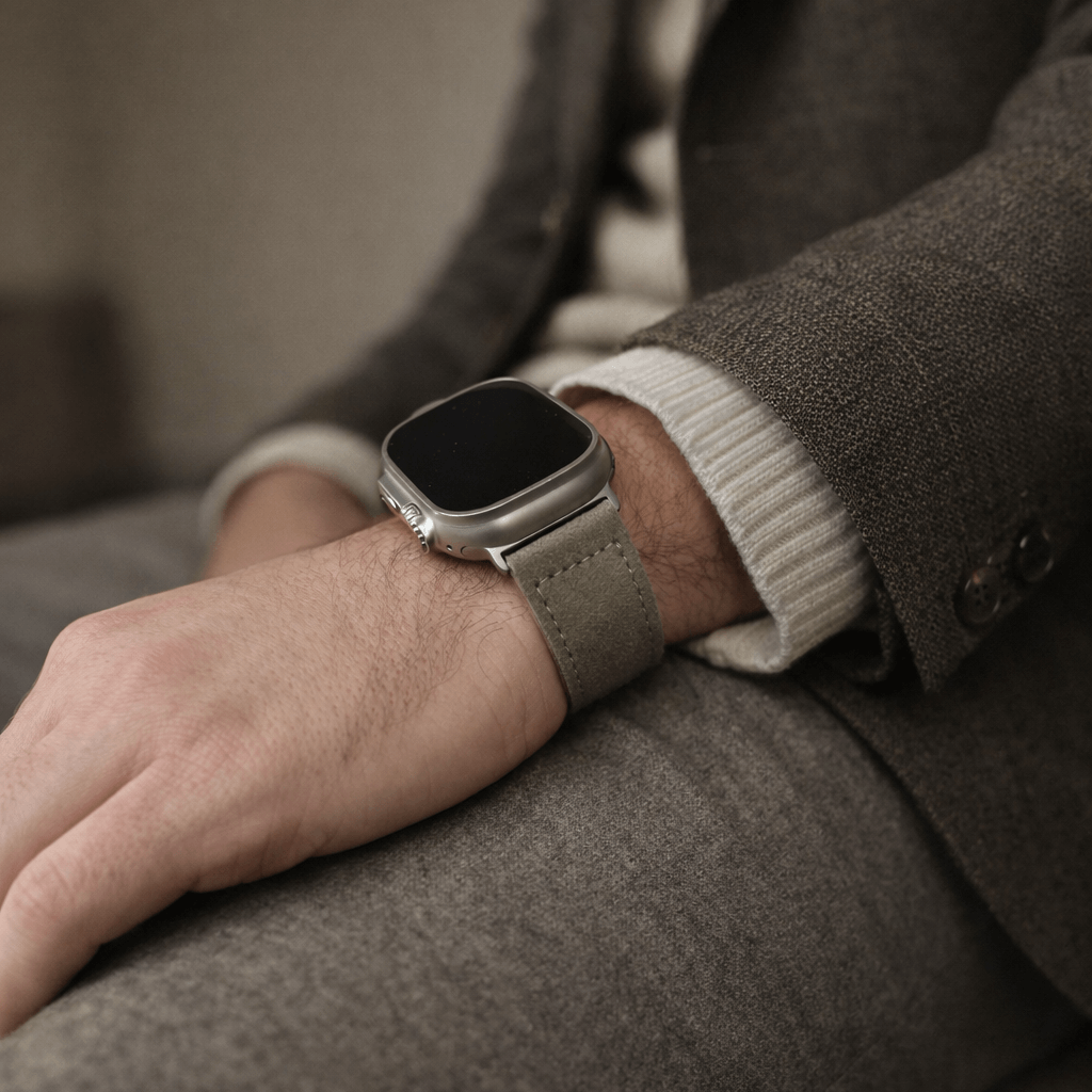 Beiges 24mm Apple Watch Ultra Lederhosen Armband – aus altsämisch gegerbtem Hirschleder, getragen am Handgelenk eines Mannes in einem Anzug.