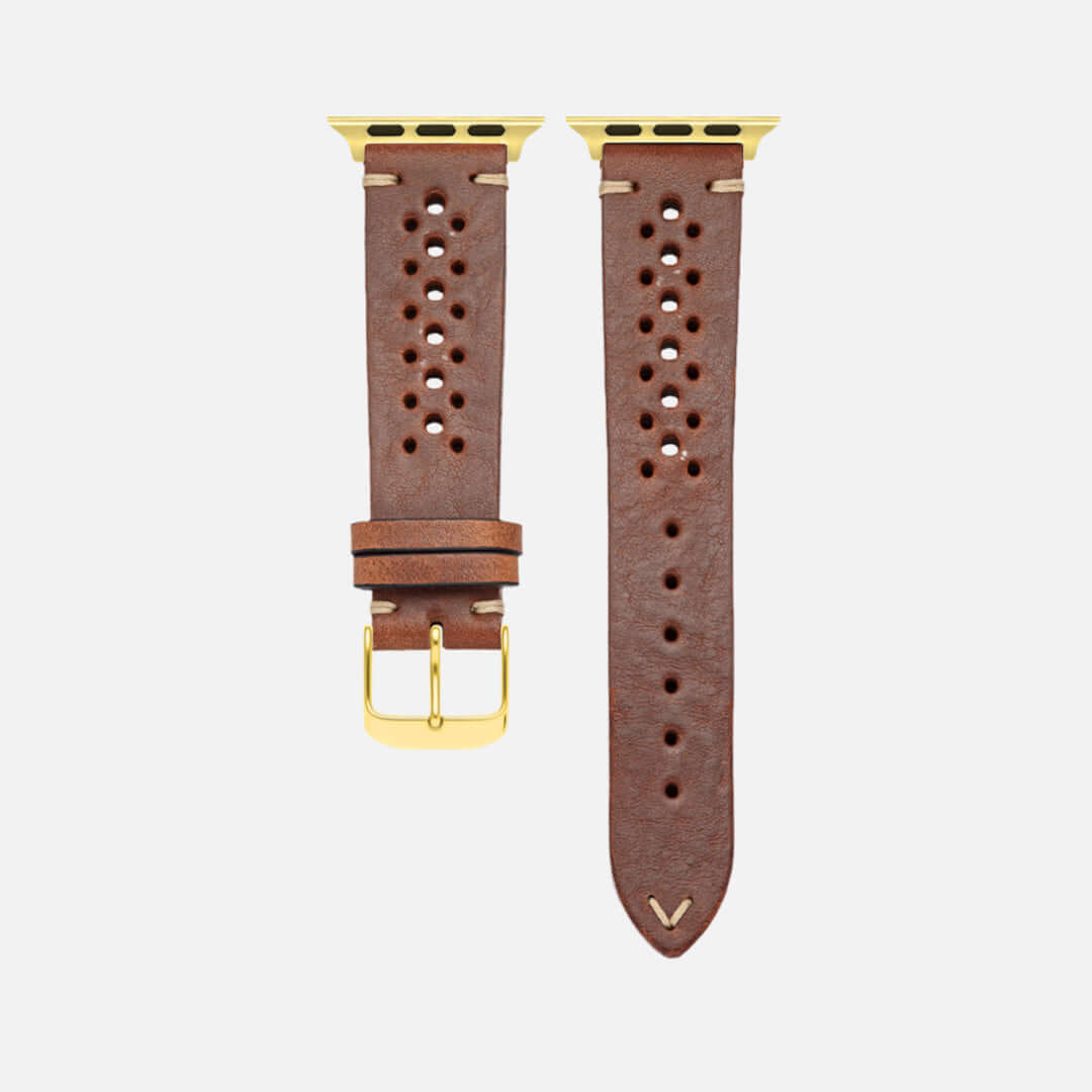 Rallye Lederband für Apple Watch – Hellbraun, hochwertiges toskanisches Rindleder, sportlich-elegantes Design, nachhaltige Herstellung.