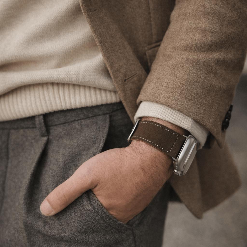 Dunkelbraunes 24mm Apple Watch Ultra Lederhosen Armband – aus altsämisch gegerbtem Hirschleder am Handgelenk eines stilvollen Mannes