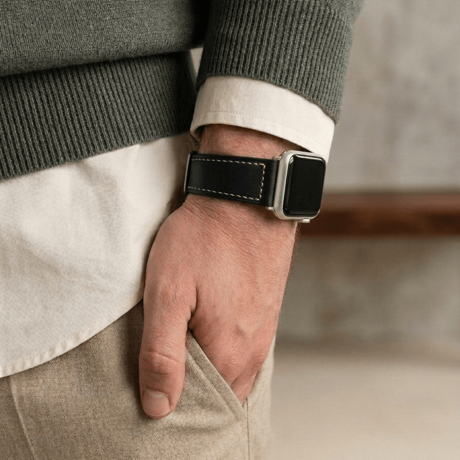 Saddle – Handgefertigtes Lederarmband passend für Apple Watch in Schwarz