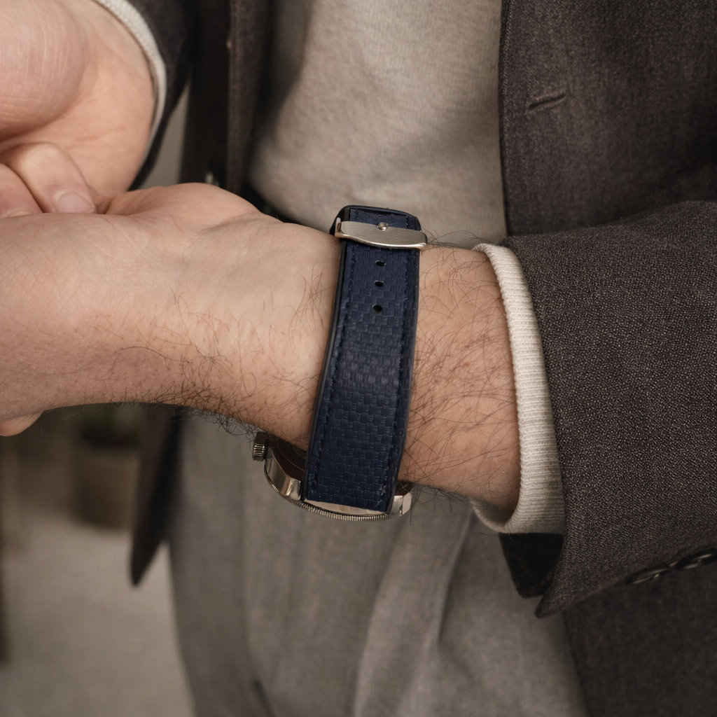 Person wearing Triton – wasserfestes Performance-Uhrenarmband in blue for durability and style.