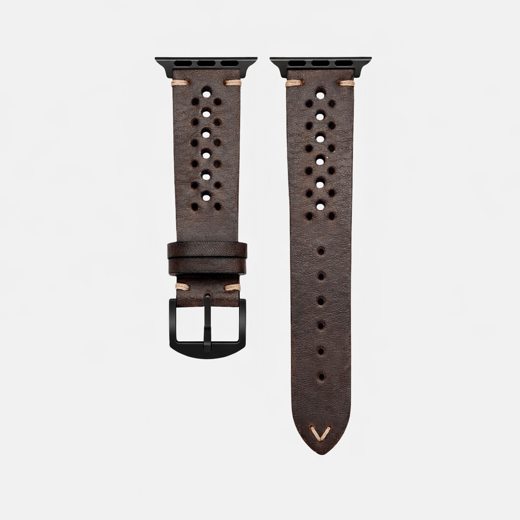 Rallye Lederband für Apple Watch Dunkelbraun aus vegetabil gegerbtem Rindleder, handgefertigt in Bayern, sportlich-elegantes Design.