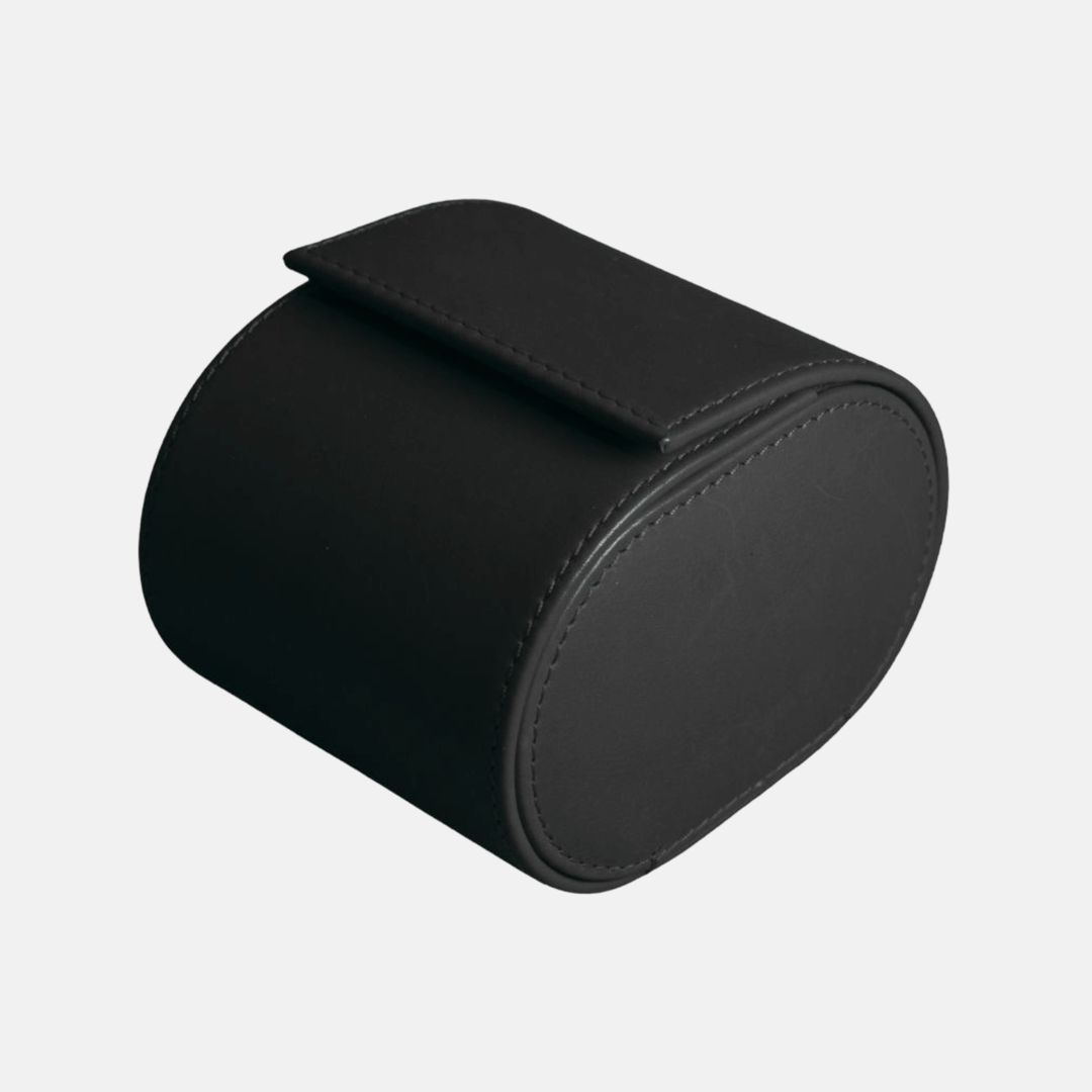 Luxuriöse Uhrenrolle aus dunklem Barenialeder, handgefertigt für stilvollen Schutz wertvoller Uhren, von FLUCO.