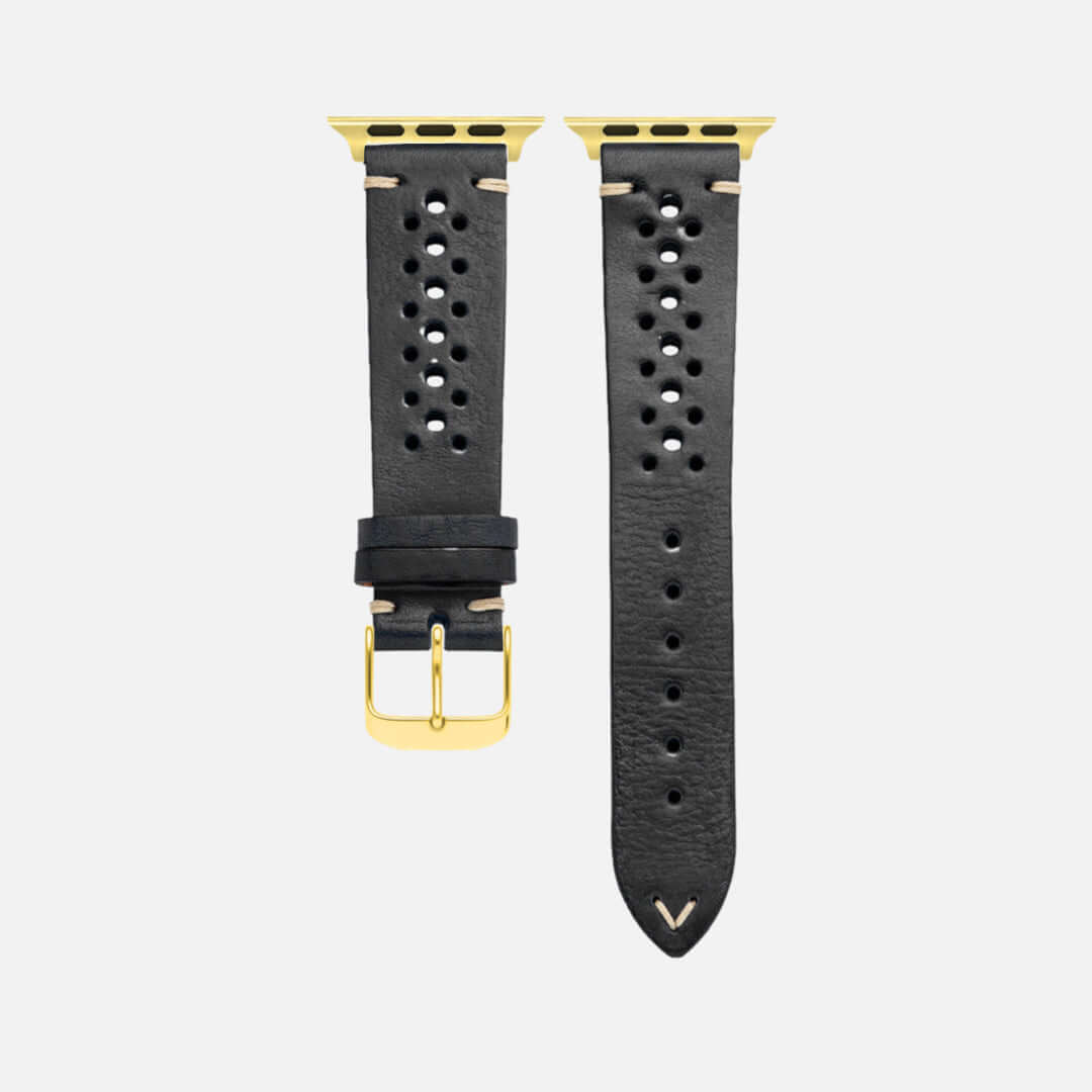 Schwarzes Rallye Lederband für Apple Watch aus toskanischem Rindleder, handgefertigt mit sportlichem Design und gewachstem Garn.