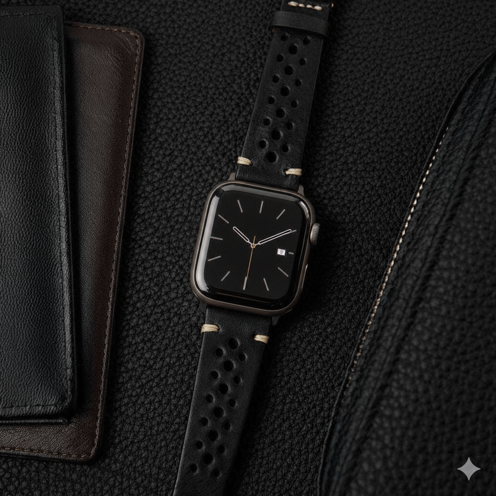 Rallye Lederband für Apple Watch in Schwarz, aus italienischem Rindleder, handgefertigt in Bayern, modernes und nachhaltiges Design