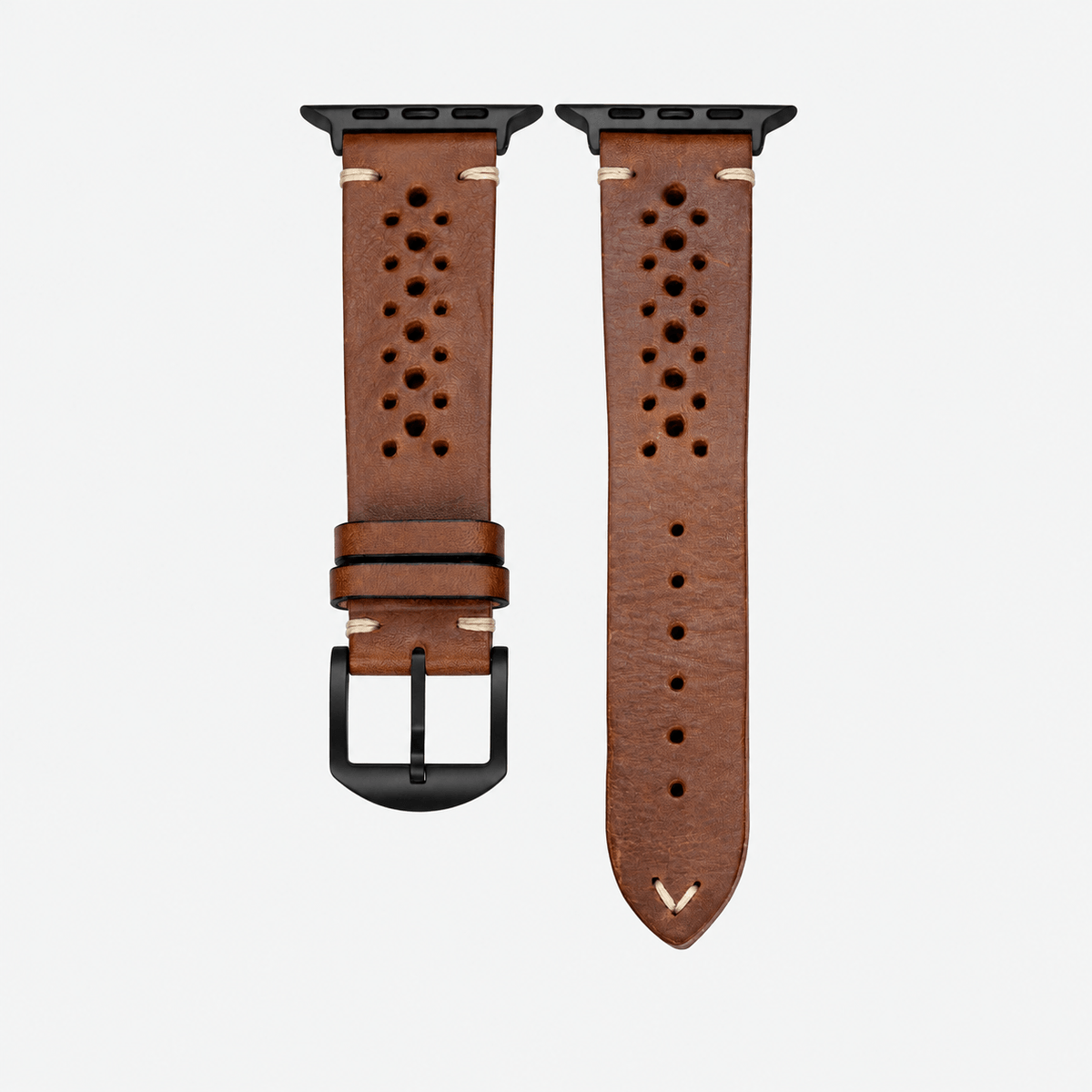Rallye Lederband für Apple Watch – Hellbraun mit schwarzen Hardwareelementen, aus vegetabil gegerbtem Rindleder.