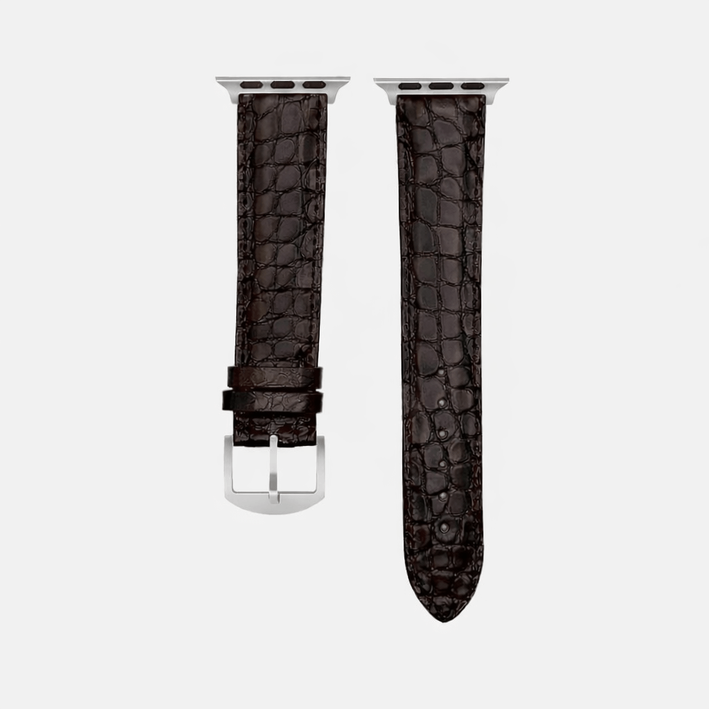 Dunkelbraunes Apple Watch Armband Echt Alligator aus hochwertigem Louisiana-Alligatorleder in Handarbeit gefertigt.