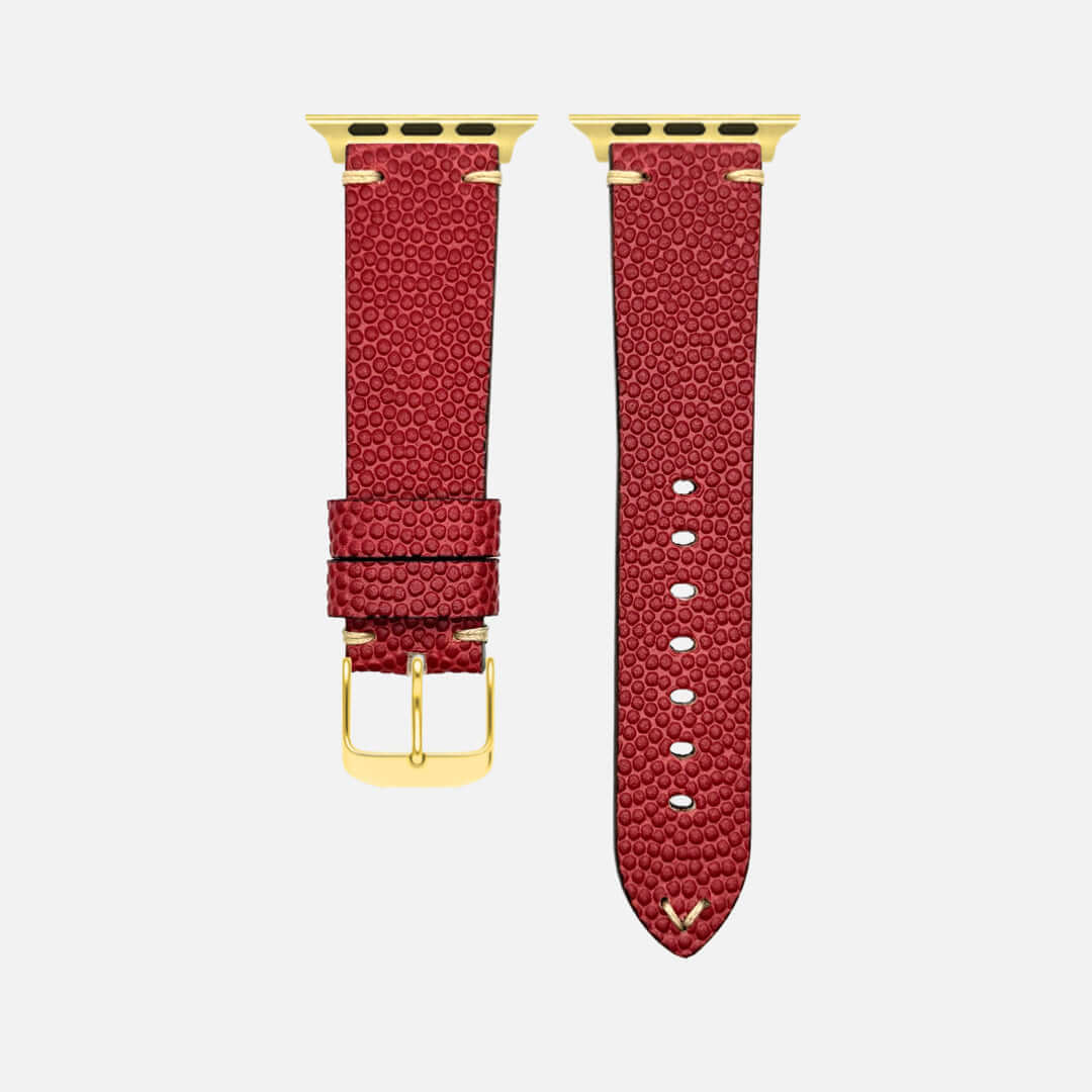 Wilson – Handgefertigt aus original Horween Footballleder Armband in Rot mit goldener Schließe, passend für Uhren.