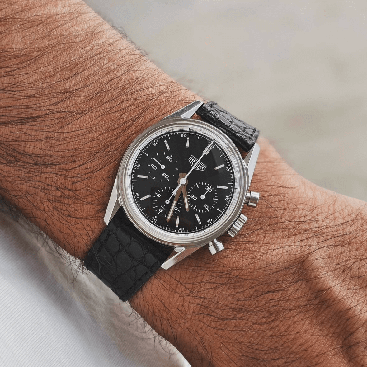 Vintage-style watch with black New Orleans Alligator leather strap, perfect for Cartier or old watches from 50s and 70s.