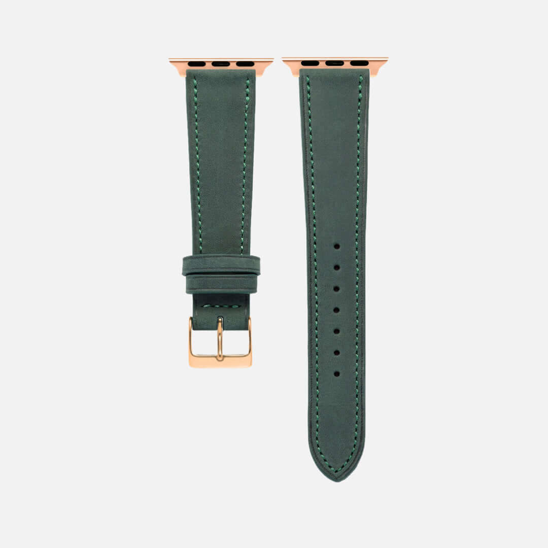 Mountain Apple Watch Lederarmband – Dunkelgrün in edlem italienischem Nubukleder, wasserabweisend für Alltag und Freizeit.